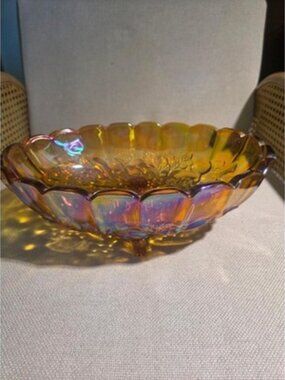 Vintage Indiana Glass Marigold Carnival Glass Harvest Grape Oval Footed Bowl 12"